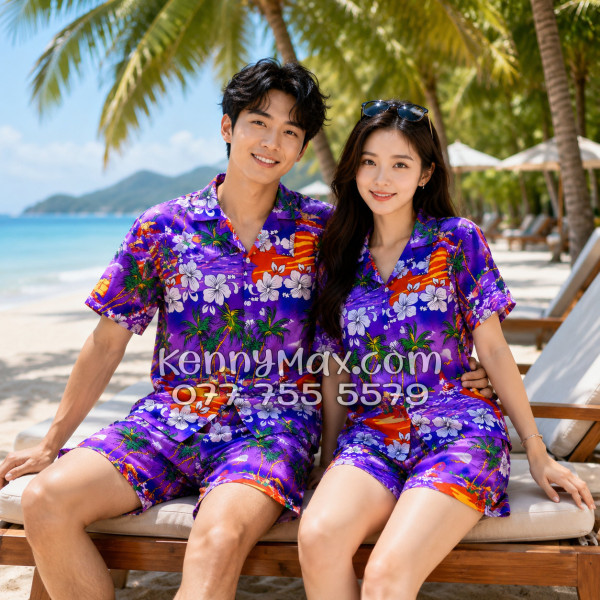 Bộ Áo Sơ Mi Quần Short Hawaiian Cây Dừa Tím Nam Nữ Đi Biển