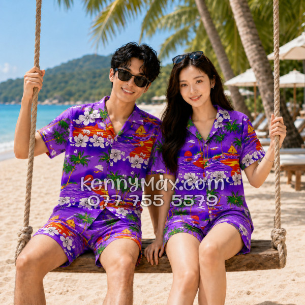 Bộ Áo Sơ Mi Quần Short Hawaiian Cây Dừa Tím Nam Nữ Đi Biển