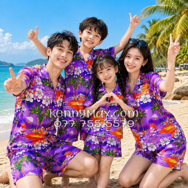 Bộ Áo Sơ Mi Quần Short Hawaiian Cây Dừa Tím Nam Nữ Đi Biển