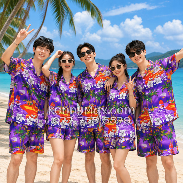 Bộ Áo Sơ Mi Quần Short Hawaiian Cây Dừa Tím Nam Nữ Đi Biển
