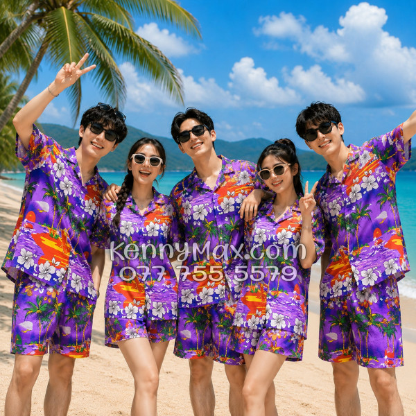 Bộ Áo Sơ Mi Quần Short Hawaiian Cây Dừa Tím Nam Nữ Đi Biển