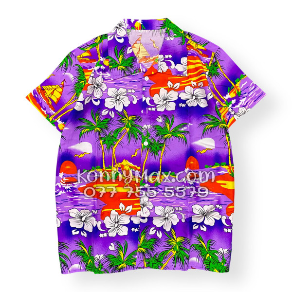 Bộ Áo Sơ Mi Quần Short Hawaiian Cây Dừa Tím Nam Nữ Đi Biển
