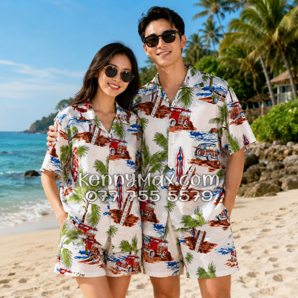 Bộ Áo Sơ Mi Quần Short Hawaiian Cây Dừa Ván Lướt Sóng Surfboard Xe Van Trắng Nam Nữ Đi Biển