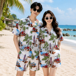 Bộ Áo Sơ Mi Quần Short Hawaiian Cây Dừa Ván Lướt Sóng Surfboard Xe Van Trắng Nam Nữ Đi Biển