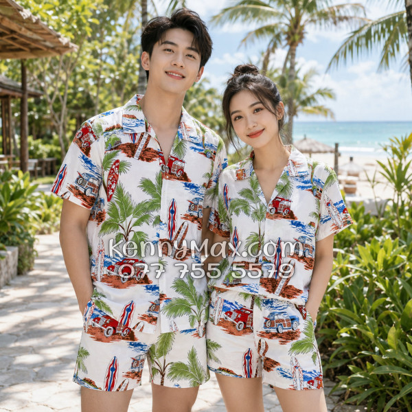 Bộ Áo Sơ Mi Quần Short Hawaiian Cây Dừa Ván Lướt Sóng Surfboard Xe Van Trắng Nam Nữ Đi Biển