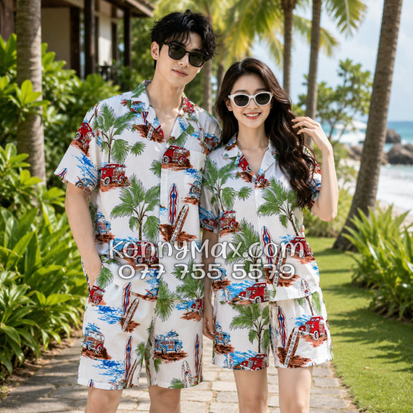 Bộ Áo Sơ Mi Quần Short Hawaiian Cây Dừa Ván Lướt Sóng Surfboard Xe Van Trắng Nam Nữ Đi Biển