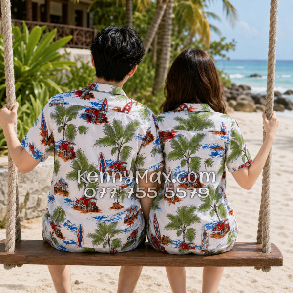 Bộ Áo Sơ Mi Quần Short Hawaiian Cây Dừa Ván Lướt Sóng Surfboard Xe Van Trắng Nam Nữ Đi Biển