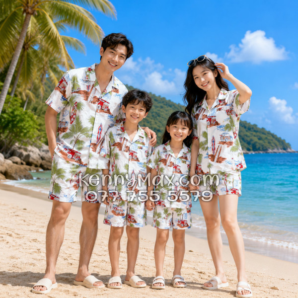 Bộ Áo Sơ Mi Quần Short Hawaiian Cây Dừa Ván Lướt Sóng Surfboard Xe Van Trắng Nam Nữ Đi Biển