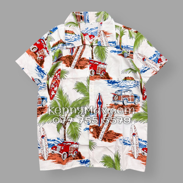 Bộ Áo Sơ Mi Quần Short Hawaiian Cây Dừa Ván Lướt Sóng Surfboard Xe Van Trắng Nam Nữ Đi Biển