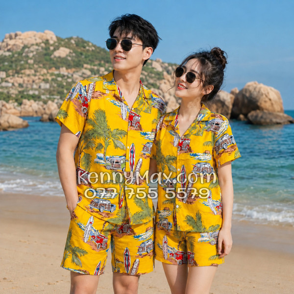 Bộ Áo Sơ Mi Quần Short Hawaiian Cây Dừa Ván Lướt Sóng Surfboard Xe Van Vàng Nam Nữ Đi Biển