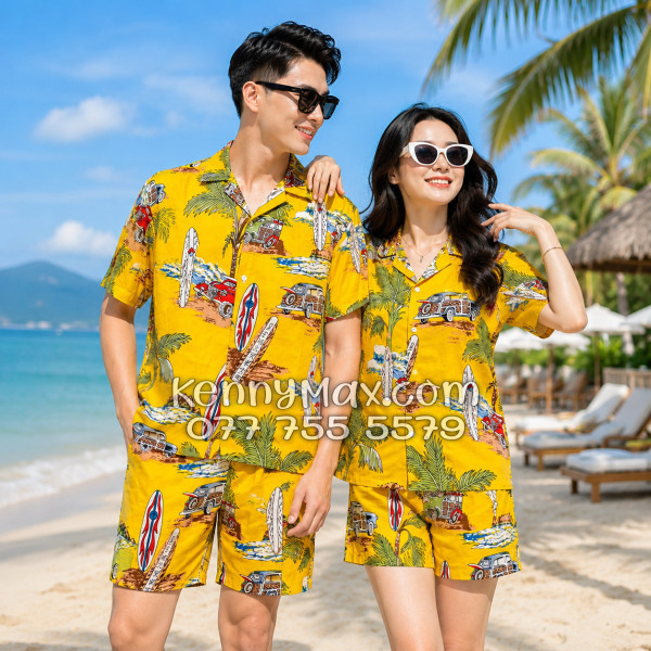 Bộ Áo Sơ Mi Quần Short Hawaiian Cây Dừa Ván Lướt Sóng Surfboard Xe Van Vàng Nam Nữ Đi Biển