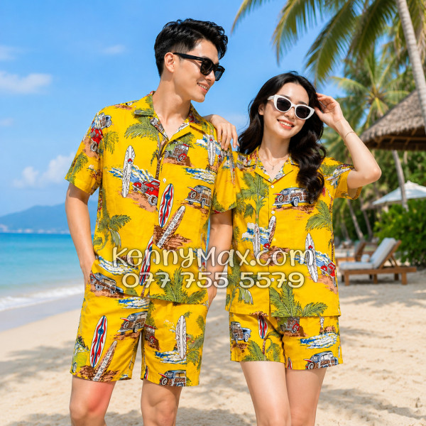 Bộ Áo Sơ Mi Quần Short Hawaiian Cây Dừa Ván Lướt Sóng Surfboard Xe Van Vàng Nam Nữ Đi Biển