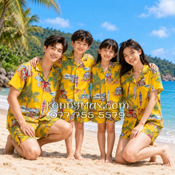 Bộ Áo Sơ Mi Quần Short Hawaiian Cây Dừa Ván Lướt Sóng Surfboard Xe Van Vàng Nam Nữ Đi Biển