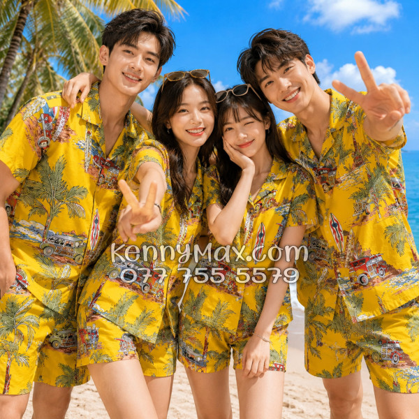 Bộ Áo Sơ Mi Quần Short Hawaiian Cây Dừa Ván Lướt Sóng Surfboard Xe Van Vàng Nam Nữ Đi Biển