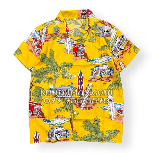 Bộ Áo Sơ Mi Quần Short Hawaiian Cây Dừa Ván Lướt Sóng Surfboard Xe Van Vàng Nam Nữ Đi Biển