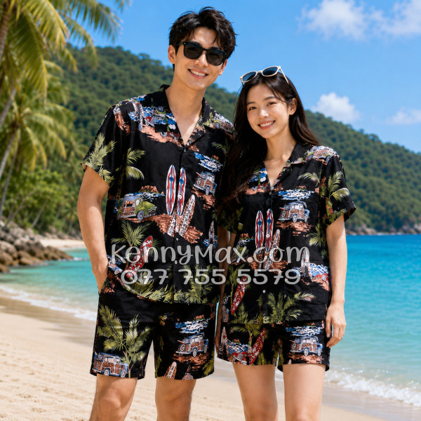 Bộ Áo Sơ Mi Quần Short Hawaiian Cây Dừa Ván Lướt Sóng Surfboard Xe Van Đen Nam Nữ Đi Biển