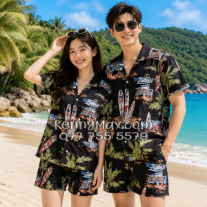 Bộ Áo Sơ Mi Quần Short Hawaiian Cây Dừa Ván Lướt Sóng Surfboard Xe Van Đen Nam Nữ Đi Biển