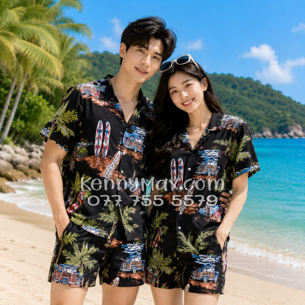 Bộ Áo Sơ Mi Quần Short Hawaiian Cây Dừa Ván Lướt Sóng Surfboard Xe Van Đen Nam Nữ Đi Biển
