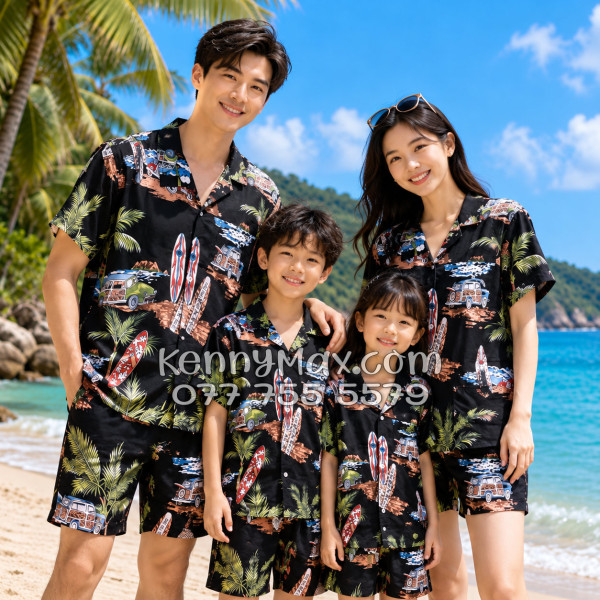 Bộ Áo Sơ Mi Quần Short Hawaiian Cây Dừa Ván Lướt Sóng Surfboard Xe Van Đen Nam Nữ Đi Biển