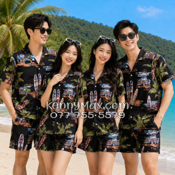 Bộ Áo Sơ Mi Quần Short Hawaiian Cây Dừa Ván Lướt Sóng Surfboard Xe Van Đen Nam Nữ Đi Biển