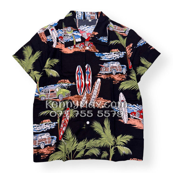 Bộ Áo Sơ Mi Quần Short Hawaiian Cây Dừa Ván Lướt Sóng Surfboard Xe Van Đen Nam Nữ Đi Biển