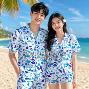 Bộ Áo Sơ Mi Quần Short Hawaiian Cây Dừa Thuyền Buồm Mỏ Neo Sao Biển Xanh Nam Nữ Đi Biển
