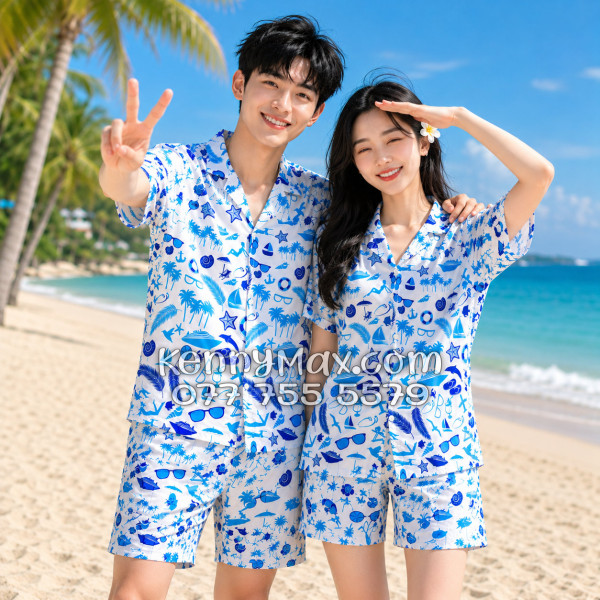 Bộ Áo Sơ Mi Quần Short Hawaiian Cây Dừa Thuyền Buồm Mỏ Neo Sao Biển Xanh Nam Nữ Đi Biển