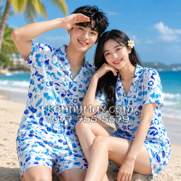 Bộ Áo Sơ Mi Quần Short Hawaiian Cây Dừa Thuyền Buồm Mỏ Neo Sao Biển Xanh Nam Nữ Đi Biển