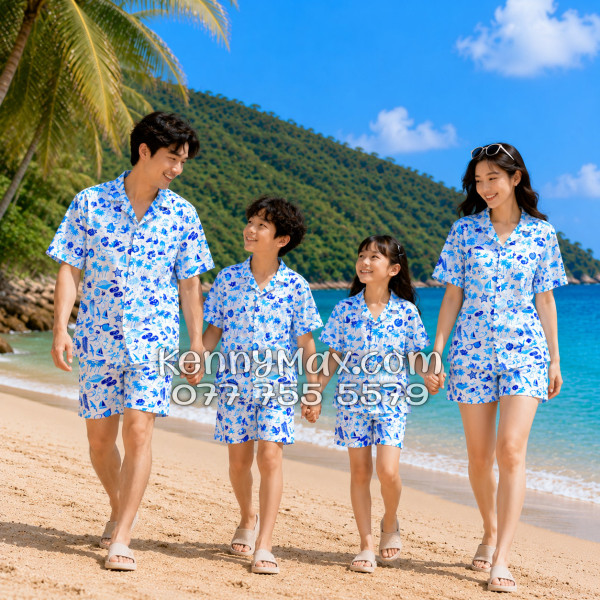 Bộ Áo Sơ Mi Quần Short Hawaiian Cây Dừa Thuyền Buồm Mỏ Neo Sao Biển Xanh Nam Nữ Đi Biển