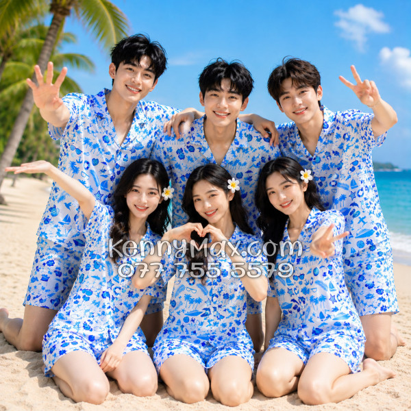 Bộ Áo Sơ Mi Quần Short Hawaiian Cây Dừa Thuyền Buồm Mỏ Neo Sao Biển Xanh Nam Nữ Đi Biển