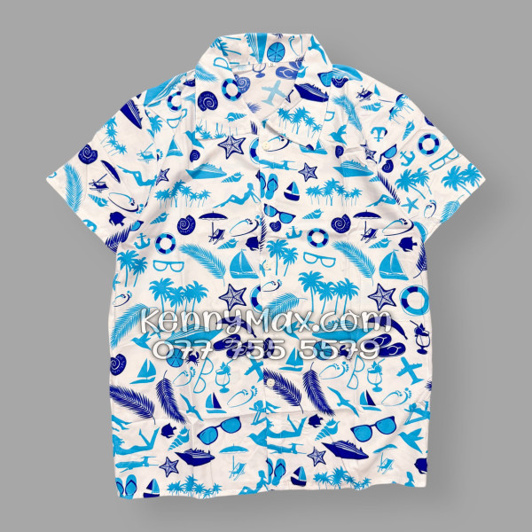 Bộ Áo Sơ Mi Quần Short Hawaiian Cây Dừa Thuyền Buồm Mỏ Neo Sao Biển Xanh Nam Nữ Đi Biển