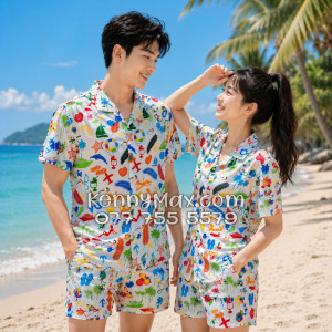 Bộ Áo Sơ Mi Quần Short Hawaiian Cây Dừa Thuyền Buồm Mỏ Neo Sao Biển Đỏ Nam Nữ Đi Biển