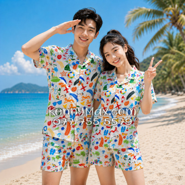Bộ Áo Sơ Mi Quần Short Hawaiian Cây Dừa Thuyền Buồm Mỏ Neo Sao Biển Đỏ Nam Nữ Đi Biển
