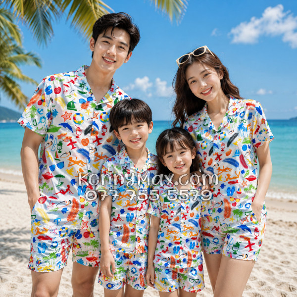 Bộ Áo Sơ Mi Quần Short Hawaiian Cây Dừa Thuyền Buồm Mỏ Neo Sao Biển Đỏ Nam Nữ Đi Biển