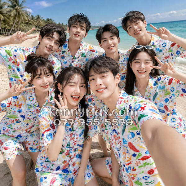 Bộ Áo Sơ Mi Quần Short Hawaiian Cây Dừa Thuyền Buồm Mỏ Neo Sao Biển Đỏ Nam Nữ Đi Biển