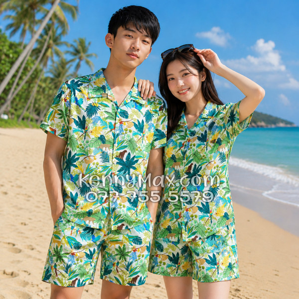 Bộ Áo Sơ Mi Quần Short Hawaiian Báo Đốm Vẹt Nam Nữ Đi Biển