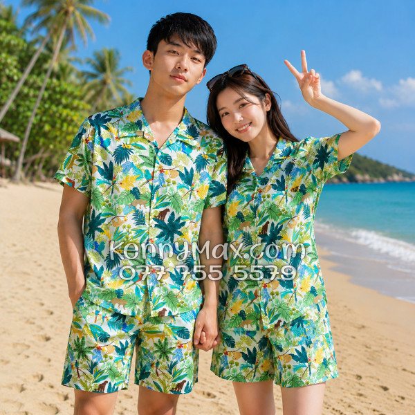 Bộ Áo Sơ Mi Quần Short Hawaiian Báo Đốm Vẹt Nam Nữ Đi Biển
