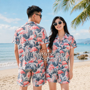 Bộ Áo Sơ Mi Quần Short Hawaiian Chim Hồng Hạc Nam Nữ Đi Biển