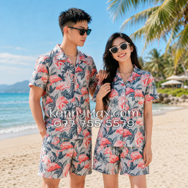 Bộ Áo Sơ Mi Quần Short Hawaiian Chim Hồng Hạc Nam Nữ Đi Biển