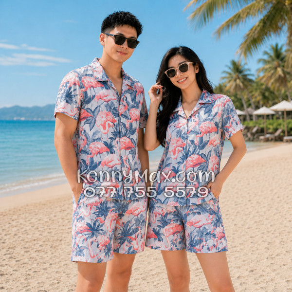Bộ Áo Sơ Mi Quần Short Hawaiian Chim Hồng Hạc Nam Nữ Đi Biển