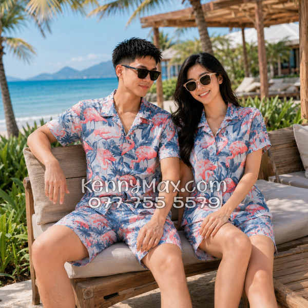 Bộ Áo Sơ Mi Quần Short Hawaiian Chim Hồng Hạc Nam Nữ Đi Biển