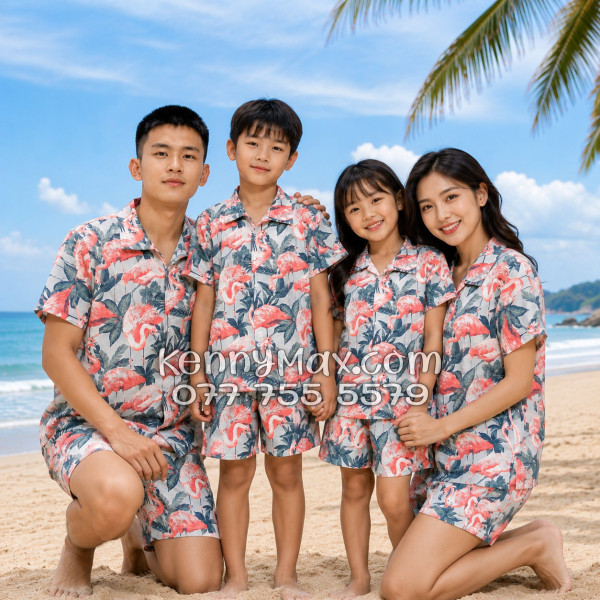 Bộ Áo Sơ Mi Quần Short Hawaiian Chim Hồng Hạc Nam Nữ Đi Biển