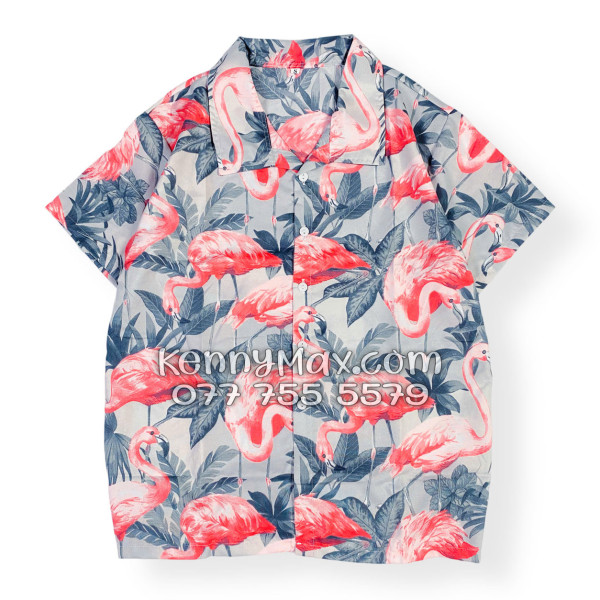 Bộ Áo Sơ Mi Quần Short Hawaiian Chim Hồng Hạc Nam Nữ Đi Biển