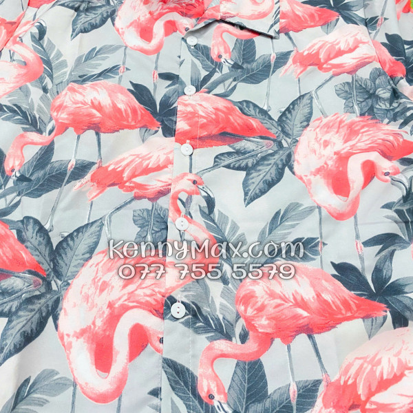 Bộ Áo Sơ Mi Quần Short Hawaiian Chim Hồng Hạc Nam Nữ Đi Biển