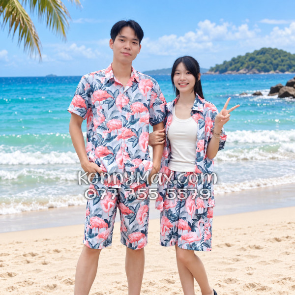 Bộ Áo Sơ Mi Quần Short Hawaiian Chim Hồng Hạc Nam Nữ Đi Biển