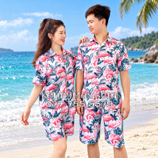 Bộ Áo Sơ Mi Quần Short Hawaiian Chim Hồng Hạc Nam Nữ Đi Biển