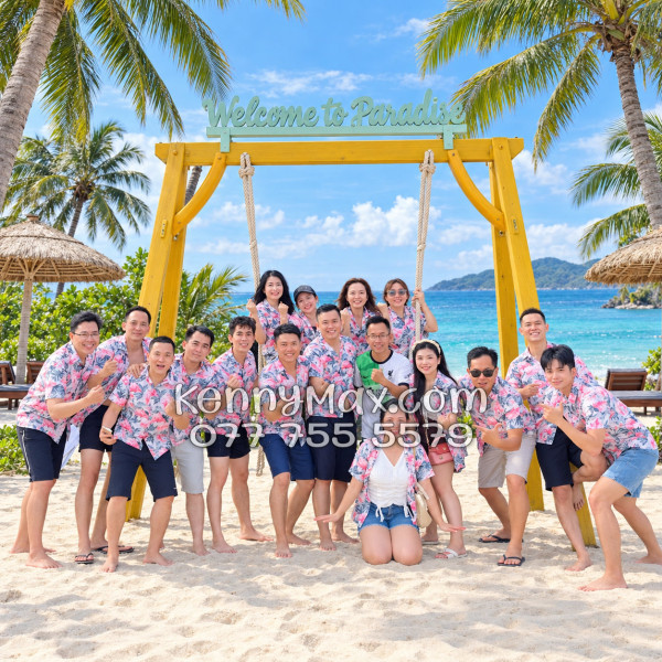 Bộ Áo Sơ Mi Quần Short Hawaiian Chim Hồng Hạc Nam Nữ Đi Biển