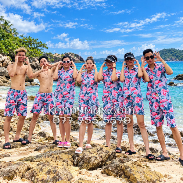 Bộ Áo Sơ Mi Quần Short Hawaiian Chim Hồng Hạc Nam Nữ Đi Biển