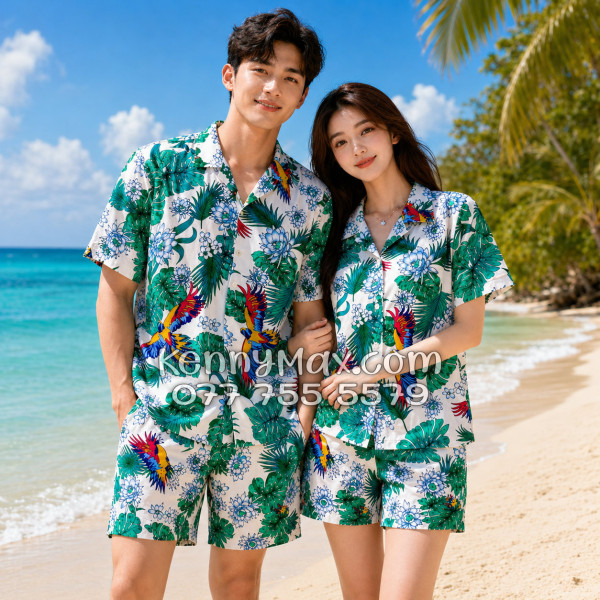 Bộ Áo Sơ Mi Quần Short Hawaiian Chim Vẹt Lá Xanh Nam Nữ Đi Biển