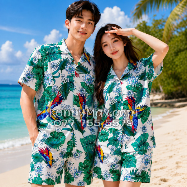 Bộ Áo Sơ Mi Quần Short Hawaiian Chim Vẹt Lá Xanh Nam Nữ Đi Biển